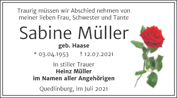 Traueranzeige von Sabine Müller von Trauerkombi Quedlinburg
