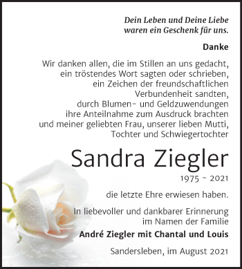 Traueranzeige von Sandra Ziegler von Trauerkombi Aschersleben
