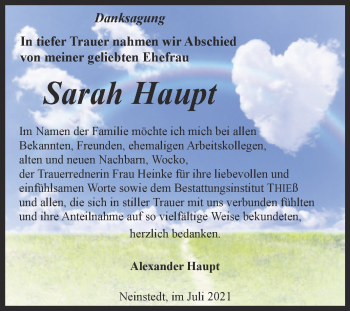 Traueranzeige von Sarah Haupt von Trauerkombi Quedlinburg
