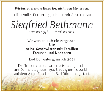 Traueranzeige von Siegfried Bethmann von Trauerkombi Merseburg