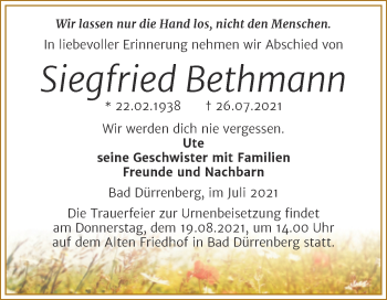 Traueranzeige von Siegfried Bethmann von Wochenspiegel Naumburg/Nebra