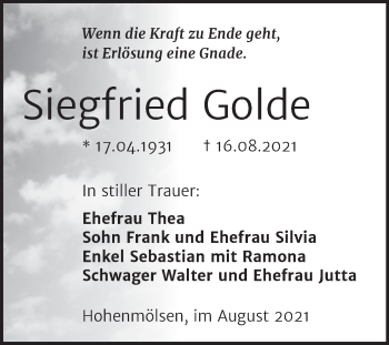 Traueranzeige von Siegfried Golde von Trauerkombi Weißenfels