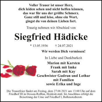 Traueranzeige von Siegfried Hädicke von Trauerkombi Dessau