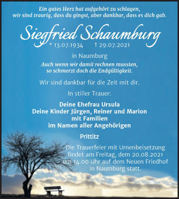 Traueranzeige von Siegfried Schaumburg von Wochenspiegel Naumburg/Nebra