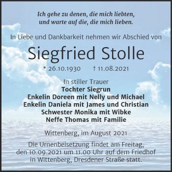 Traueranzeige von Siegfried Stolle von Trauerkombi Wittenberg