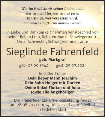Traueranzeige von Sieglinde Fahrenfeld von Trauerkombi Mansfelder Land