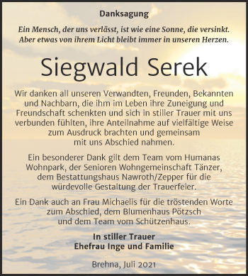Traueranzeige von Siegwald Serek von Trauerkombi Bitterfeld