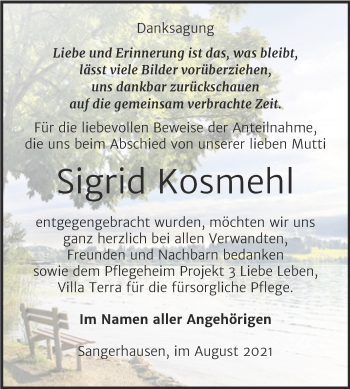 Traueranzeige von Sigrid Kosmehl von Trauerkombi Sangerhausen