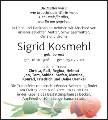 Traueranzeige von Sigrid Kosmehl von Trauerkombi Sangerhausen