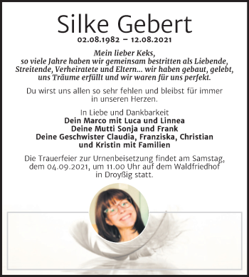 Traueranzeige von Silke Gebert von Trauerkombi Zeitz