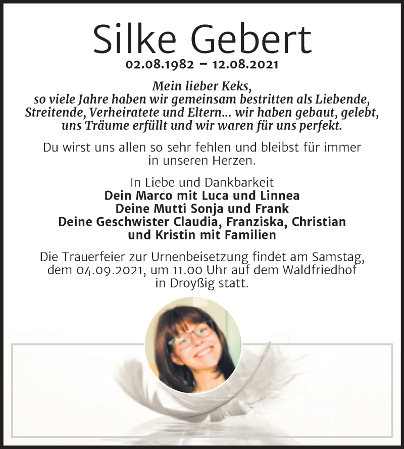  Traueranzeige für Silke Gebert vom 21.08.2021 aus Trauerkombi Zeitz