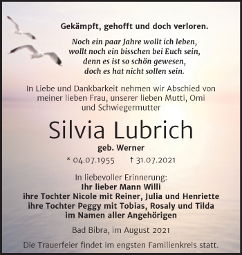 Traueranzeige von Silvia Lubrich von Wochenspiegel Naumburg/Nebra
