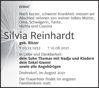 Traueranzeige von Silvia Reinhardt von Trauerkombi Aschersleben
