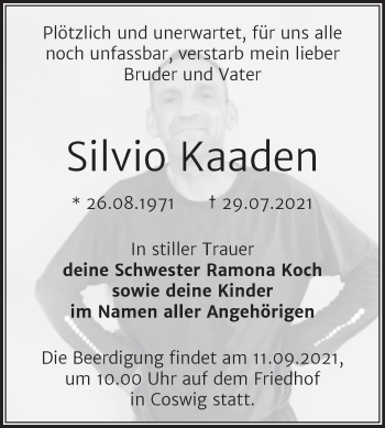 Traueranzeige von Silvio Kaaden von Trauerkombi Wittenberg