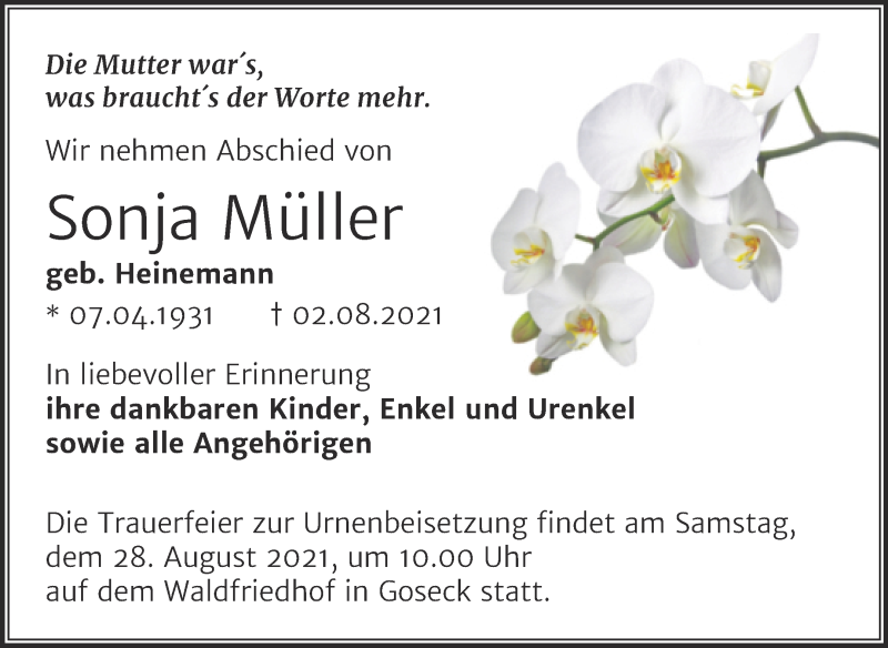  Traueranzeige für Sonja Müller vom 14.08.2021 aus Trauerkombi Weißenfels