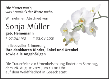 Traueranzeige von Sonja Müller von Trauerkombi Weißenfels