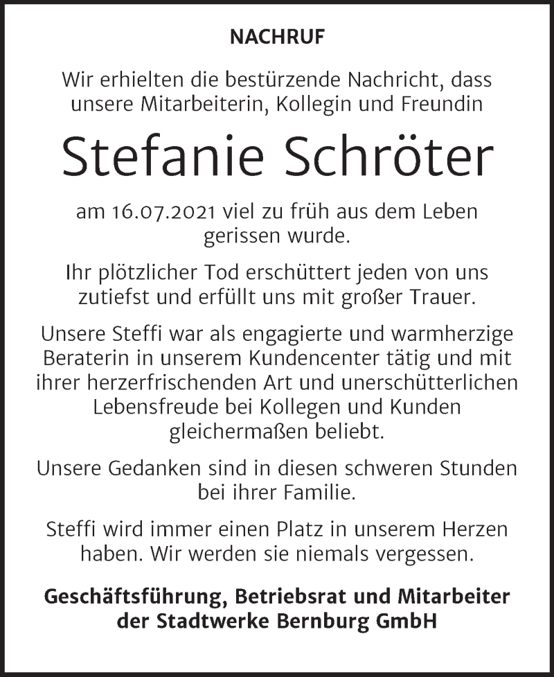  Traueranzeige für Stefanie Schröter vom 31.07.2021 aus Mitteldeutsche Zeitung Salzlandkreis