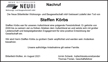 Traueranzeige von Steffen Körbs von Mitteldeutsche Zeitung Bitterfeld