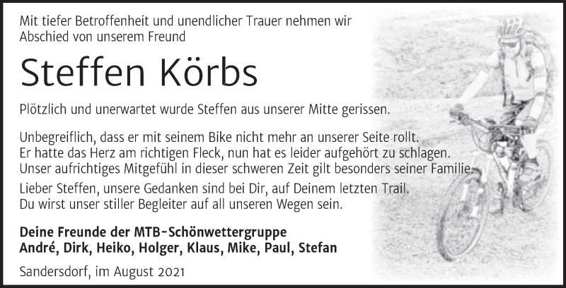  Traueranzeige für Steffen Körbs vom 25.08.2021 aus Trauerkombi Bitterfeld
