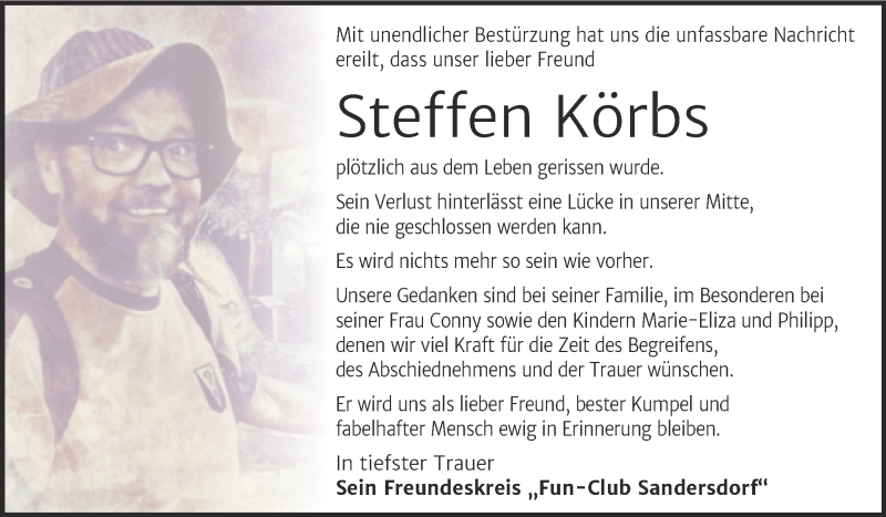  Traueranzeige für Steffen Körbs vom 25.08.2021 aus Trauerkombi Bitterfeld