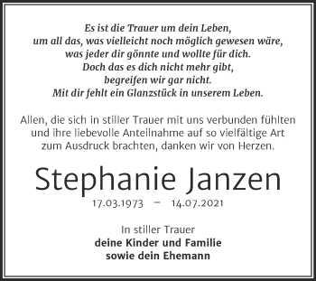 Traueranzeige von Stephanie Janzen von Trauerkombi Mansfelder Land