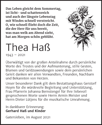 Traueranzeige von Thea Haß von Trauerkombi Aschersleben