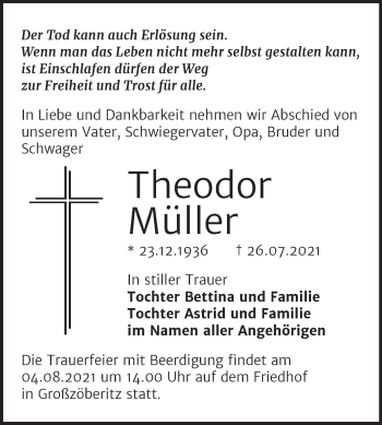 Traueranzeige von Theodor Müller von Trauerkombi Bitterfeld