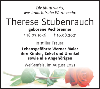 Traueranzeige von Therese Stubenrauch von Trauerkombi Weißenfels