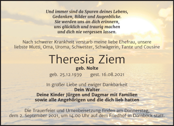 Traueranzeige von Theresia Ziem von Trauerkombi Köthen