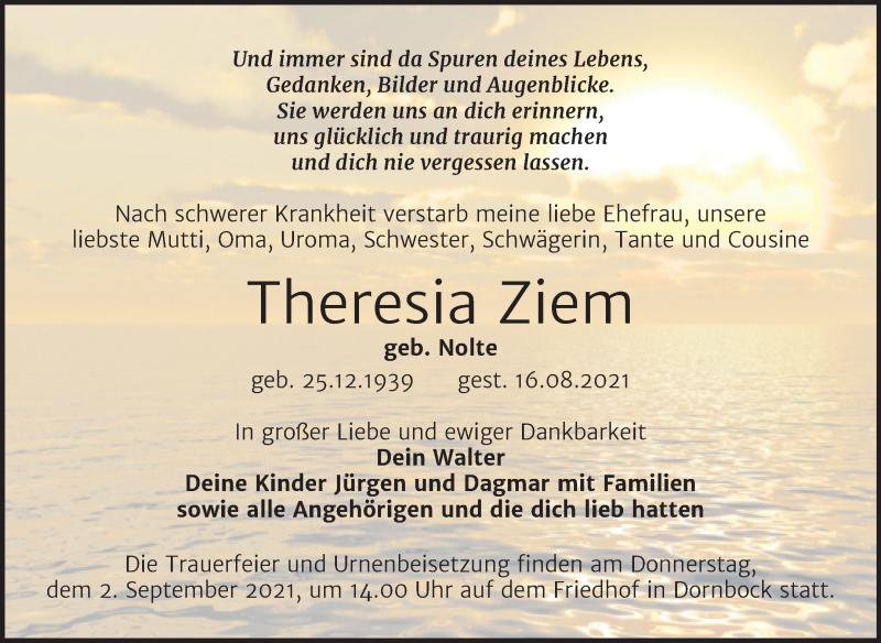  Traueranzeige für Theresia Ziem vom 20.08.2021 aus Trauerkombi Köthen