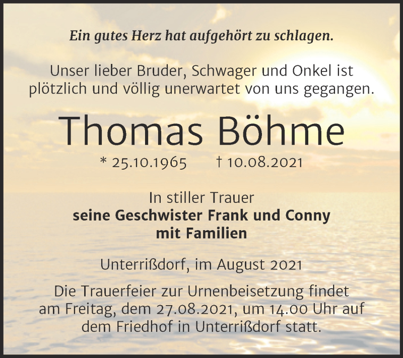  Traueranzeige für Thomas Böhme vom 14.08.2021 aus Trauerkombi Mansfelder Land
