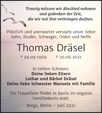 Traueranzeige von Thomas Dräsel von Trauerkombi Sangerhausen
