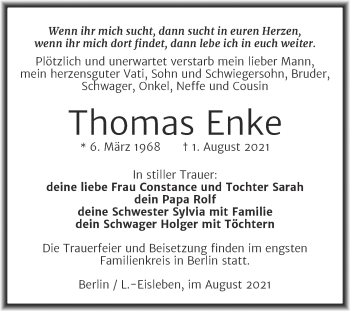 Traueranzeige von Thomas Enke von Trauerkombi Mansfelder Land