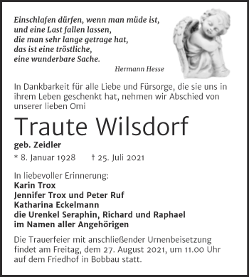 Traueranzeige von Traute Wilsdorf von Trauerkombi Bitterfeld