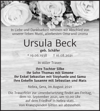 Traueranzeige von Ursula Beck von Naumburger Tageblatt