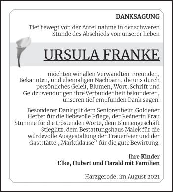 Traueranzeige von Ursula Franke von Trauerkombi Mansfelder Land