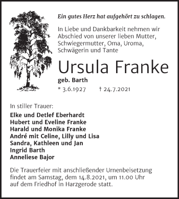 Traueranzeige von Ursula Franke von Trauerkombi Mansfelder Land