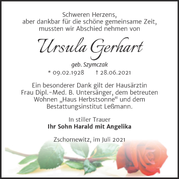 Traueranzeige von Ursula Gerhart von Trauerkombi Wittenberg