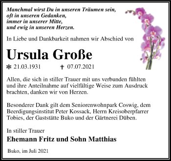 Traueranzeige von Ursula Große von Trauerkombi Wittenberg