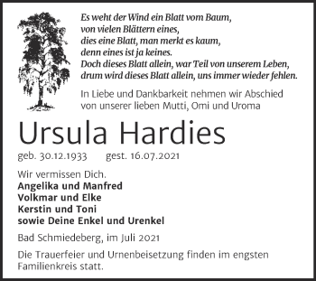 Traueranzeige von Ursula Hardies von Trauerkombi Wittenberg