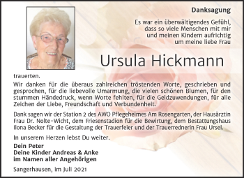 Traueranzeige von Ursula Hickmann von Trauerkombi Sangerhausen