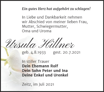 Traueranzeige von Ursula Hillner von Trauerkombi Zeitz