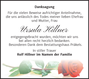 Traueranzeige von Ursula Hillner von Trauerkombi Zeitz