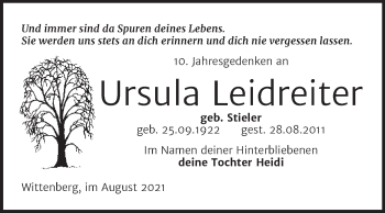 Traueranzeige von Ursula Leidreiter von Trauerkombi Wittenberg