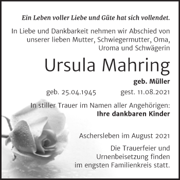 Traueranzeige von Ursula Mahring von Trauerkombi Aschersleben