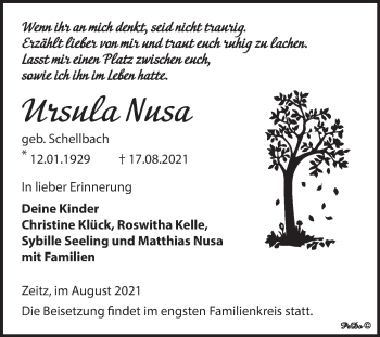 Traueranzeige von Ursula Nusa von Trauerkombi Zeitz