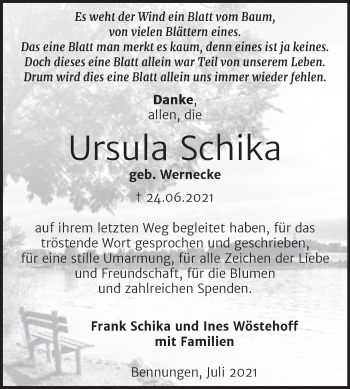 Traueranzeige von Ursula Schika von Mitteldeutsche Zeitung Sangerhausen