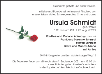 Traueranzeige von Ursula Schmidt von Trauerkombi Aschersleben