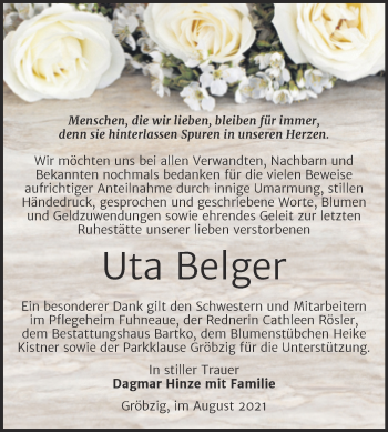 Traueranzeige von Uta Belger von Trauerkombi Köthen