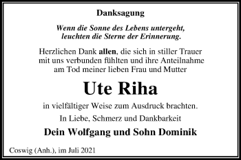 Traueranzeige von Ute Riha von Trauerkombi Wittenberg